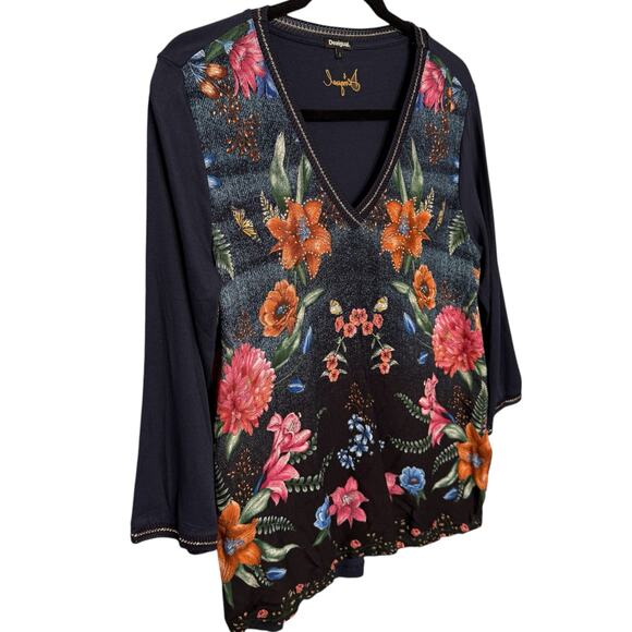 Desigual Size L Embellished Floral‎ V-Neck Blouse Maximalist Dark Fairy Grunge - Picture 3 of 13